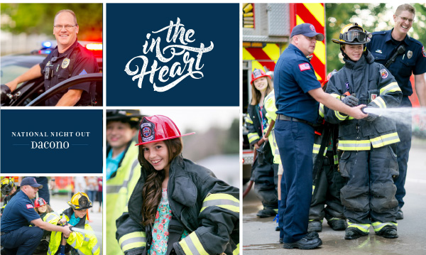 Grid of pictures of firefighters interacting with kids during the National Night Out in Dacono