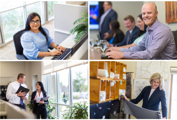 Grid of four pictures of business professionals working in different office types