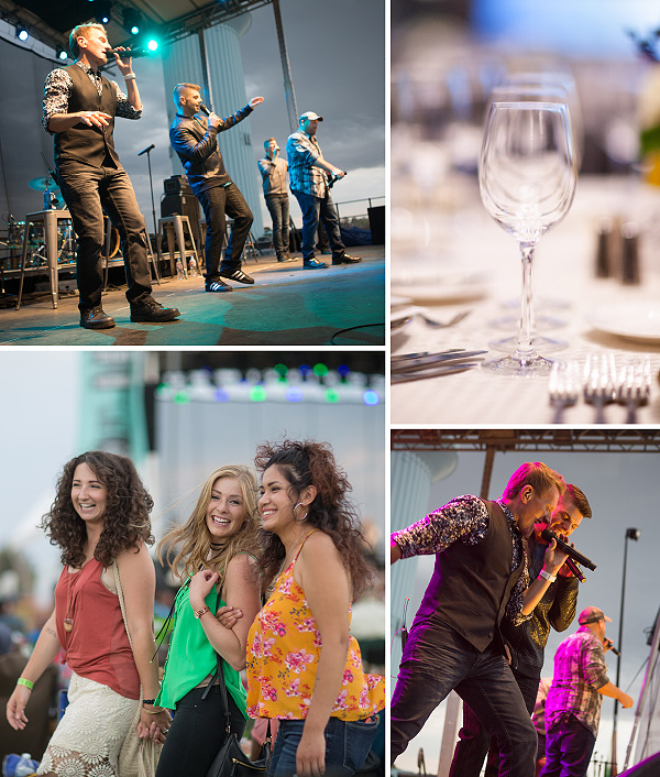 Band performing on stage, wine glasses on the table and young adults smiling